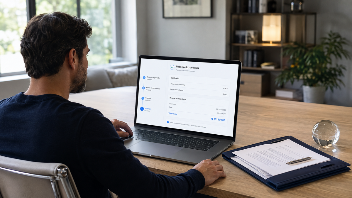 Homem acompanha no notebook as etapas e os valores de uma negociação transparente de precatório