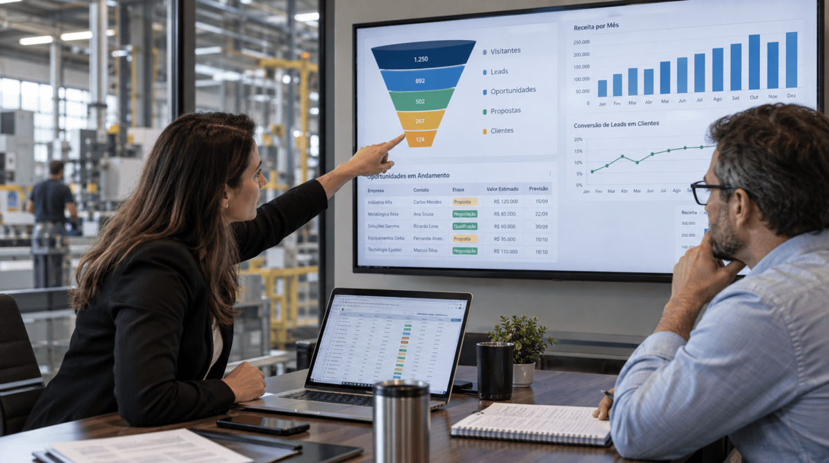Equipe avalia marketing industrial, geração de demanda e apoio a vendas
