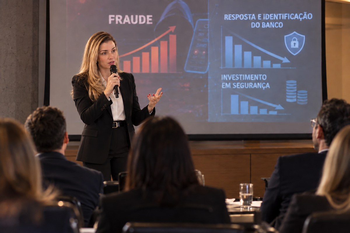 Advogada em palestra sobre aumento das fraudes e resposta dos bancos.