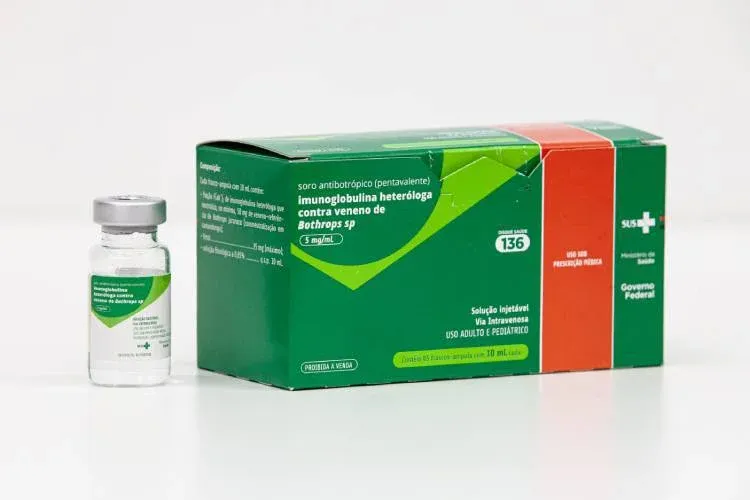 Frascos de soro antiveneno produzidos pelo Instituto Butantan, distribuídos gratuitamente pelo SUS