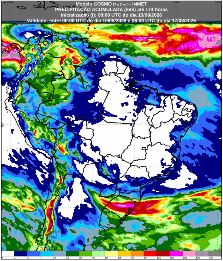 Mapa do Brasil colorido por regiões mostrando a previsão de chuva acumulada entre 10 e 17 de agosto de 2026, elaborada pelo INMET, com os maiores volumes concentrados no Rio Grande do Sul e em partes do Norte do país.