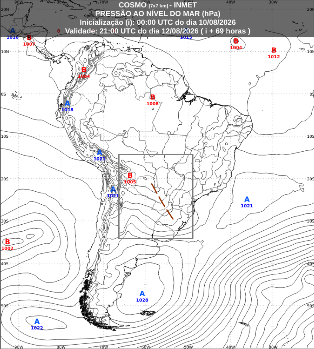 Mapa meteorológico do Inmet mostra área de baixa pressão que traz instabilidade ao Sul do Brasil nesta terça e quarta-feira