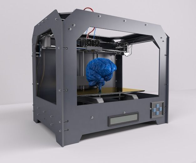 Impressora 3D industrial imprimindo em azul um modelo tridimensional de cérebro humano