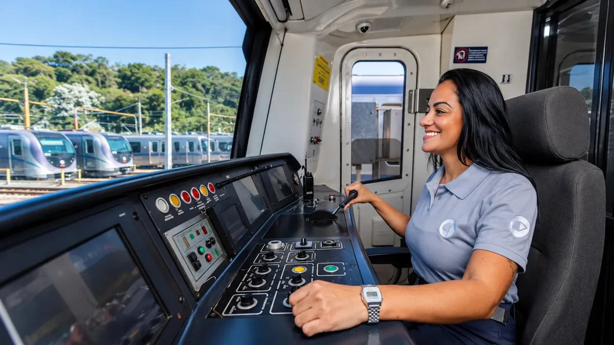 Operadora de trem na cabine, com composições ao fundo