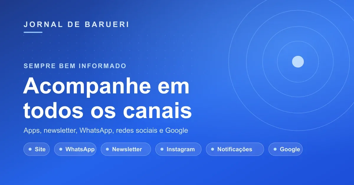 Ilustração representando os canais para acompanhar o Jornal de Barueri: aplicativo, WhatsApp, newsletter e redes sociais