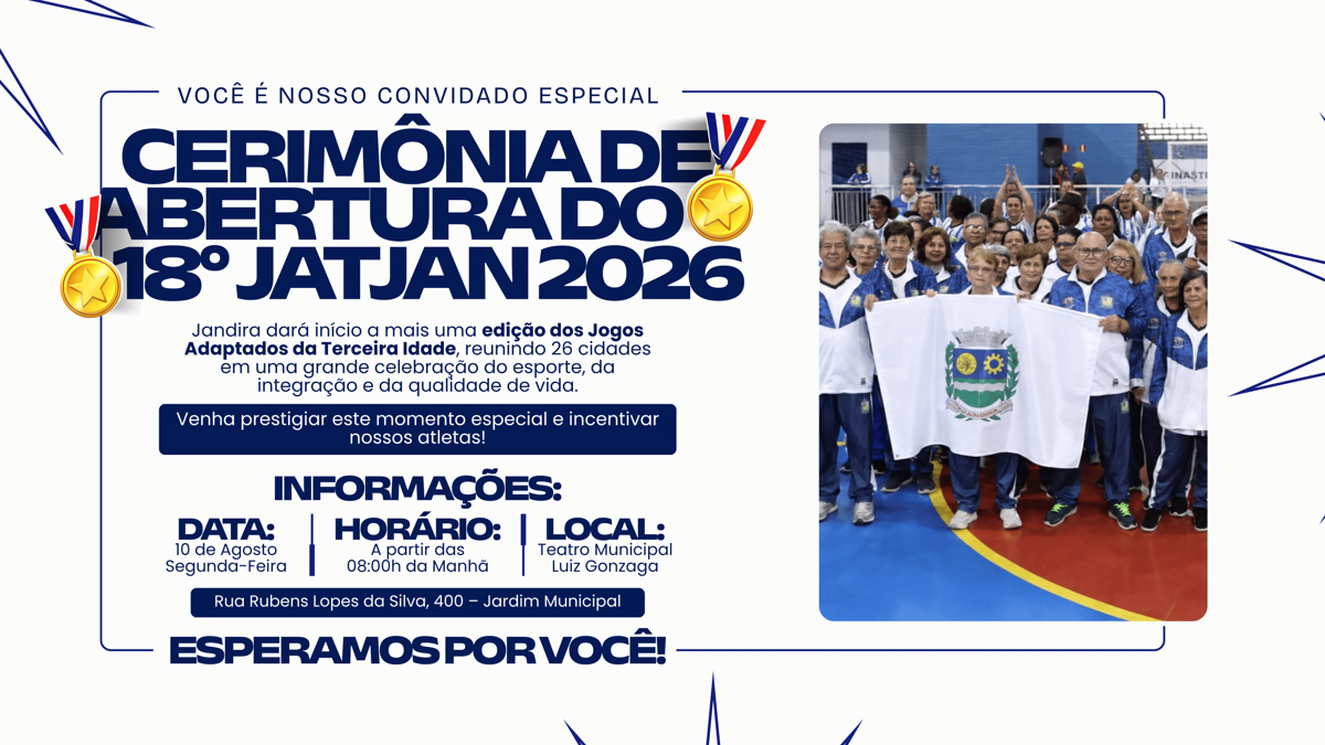 Arte de divulgação do 18º JATIJAN 2026, os Jogos Adaptados da Terceira Idade, produzida pela Prefeitura de Jandira
